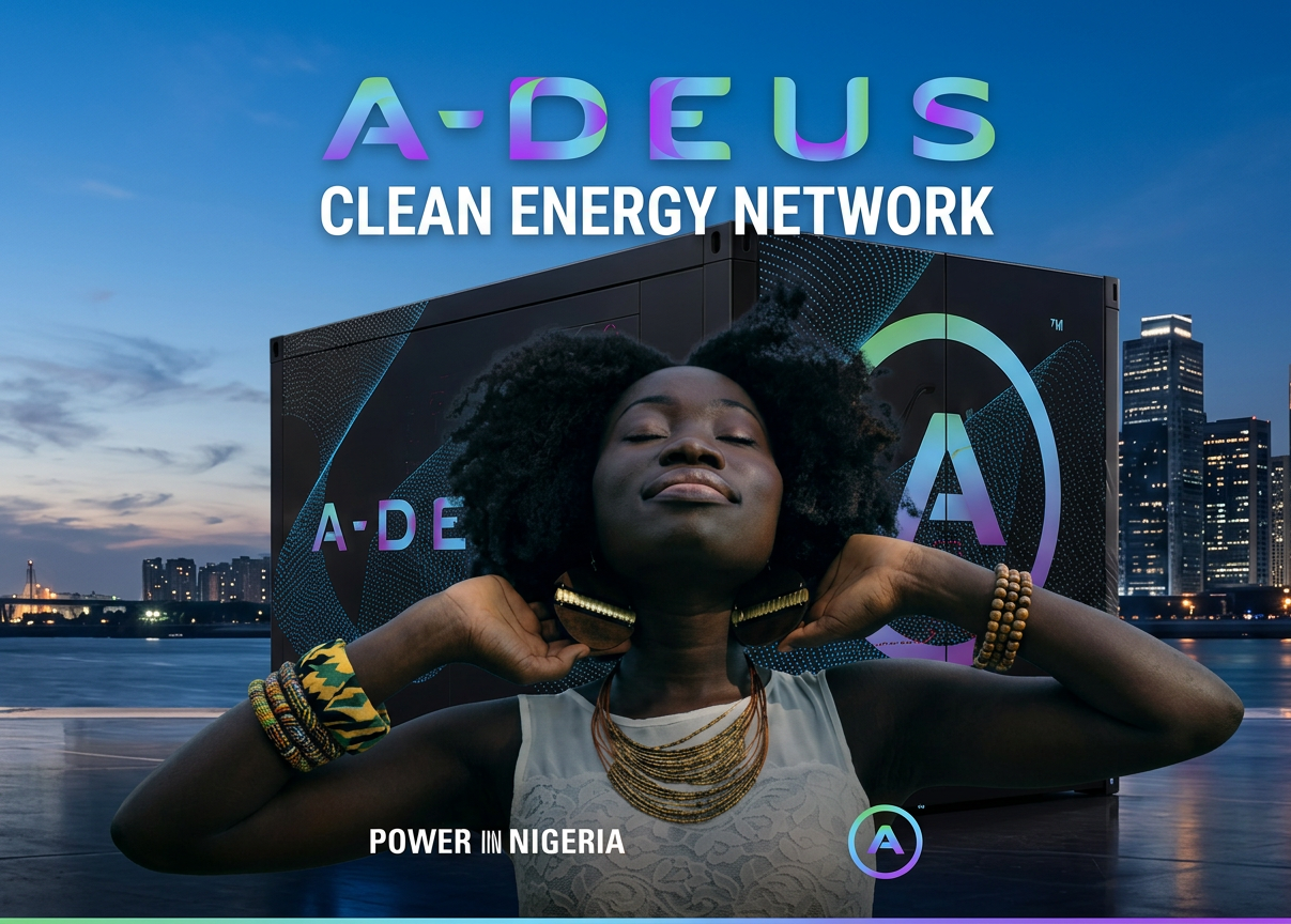 A-DEUS Clean Energy Network what-if photo featuring Power Angel behind a Nigerian customer.